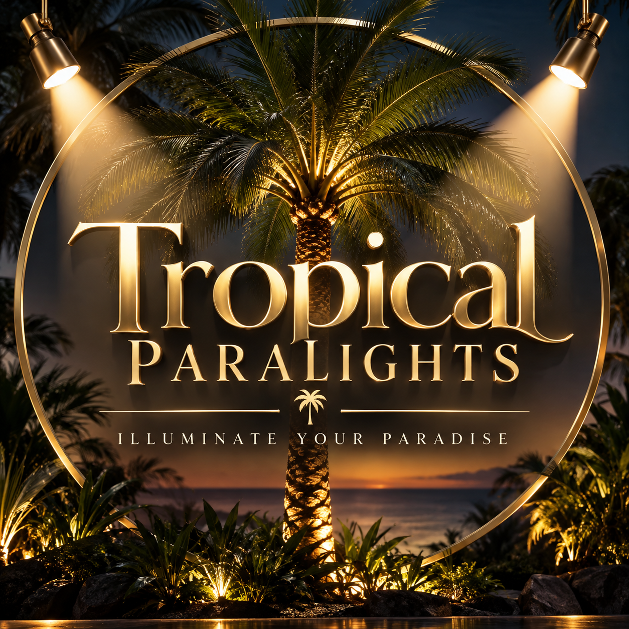 Tropical Paralights logo with illuminated palms and gold lettering
