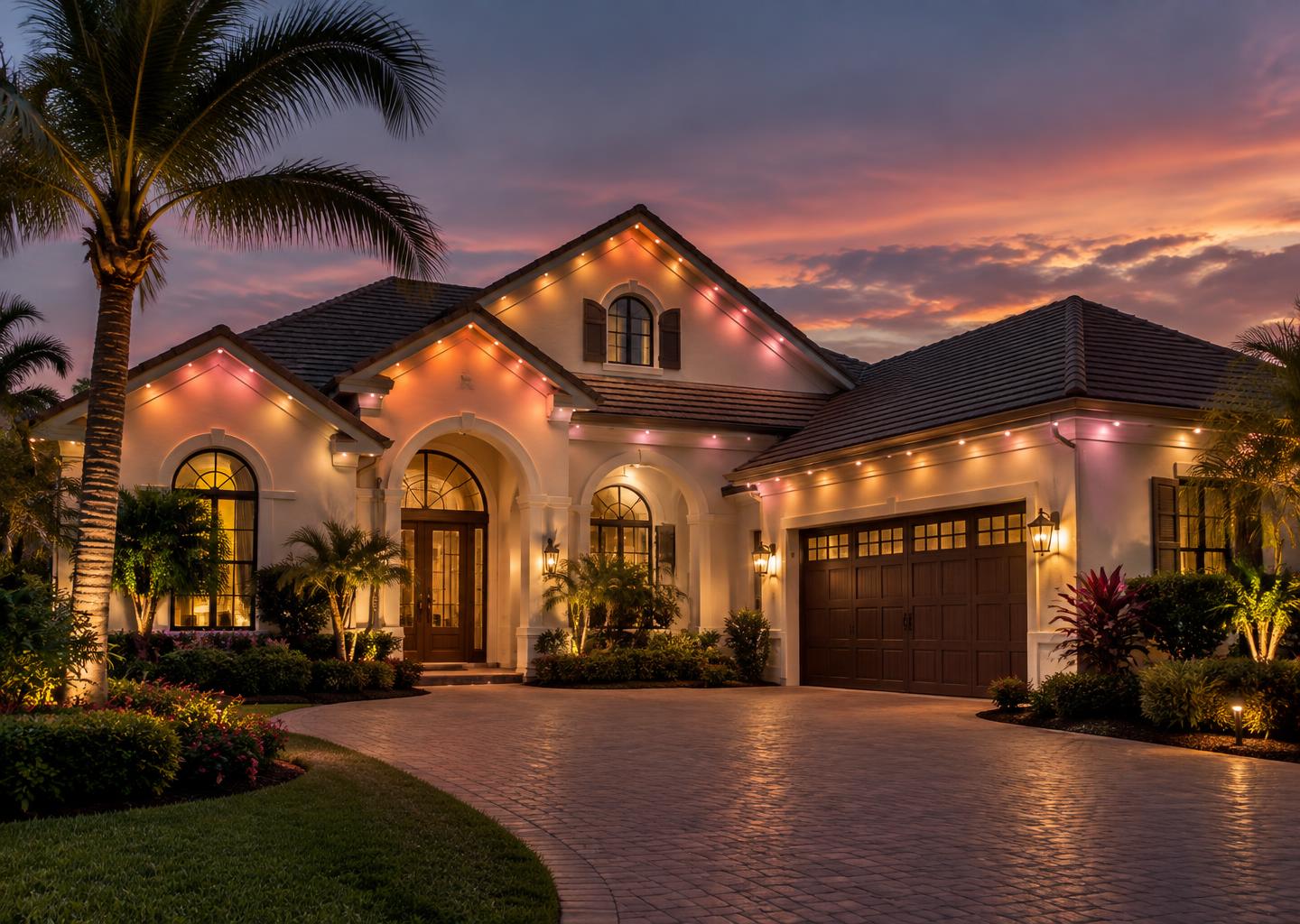 Illustrative Florida home with pink and amber roofline lighting at sunset