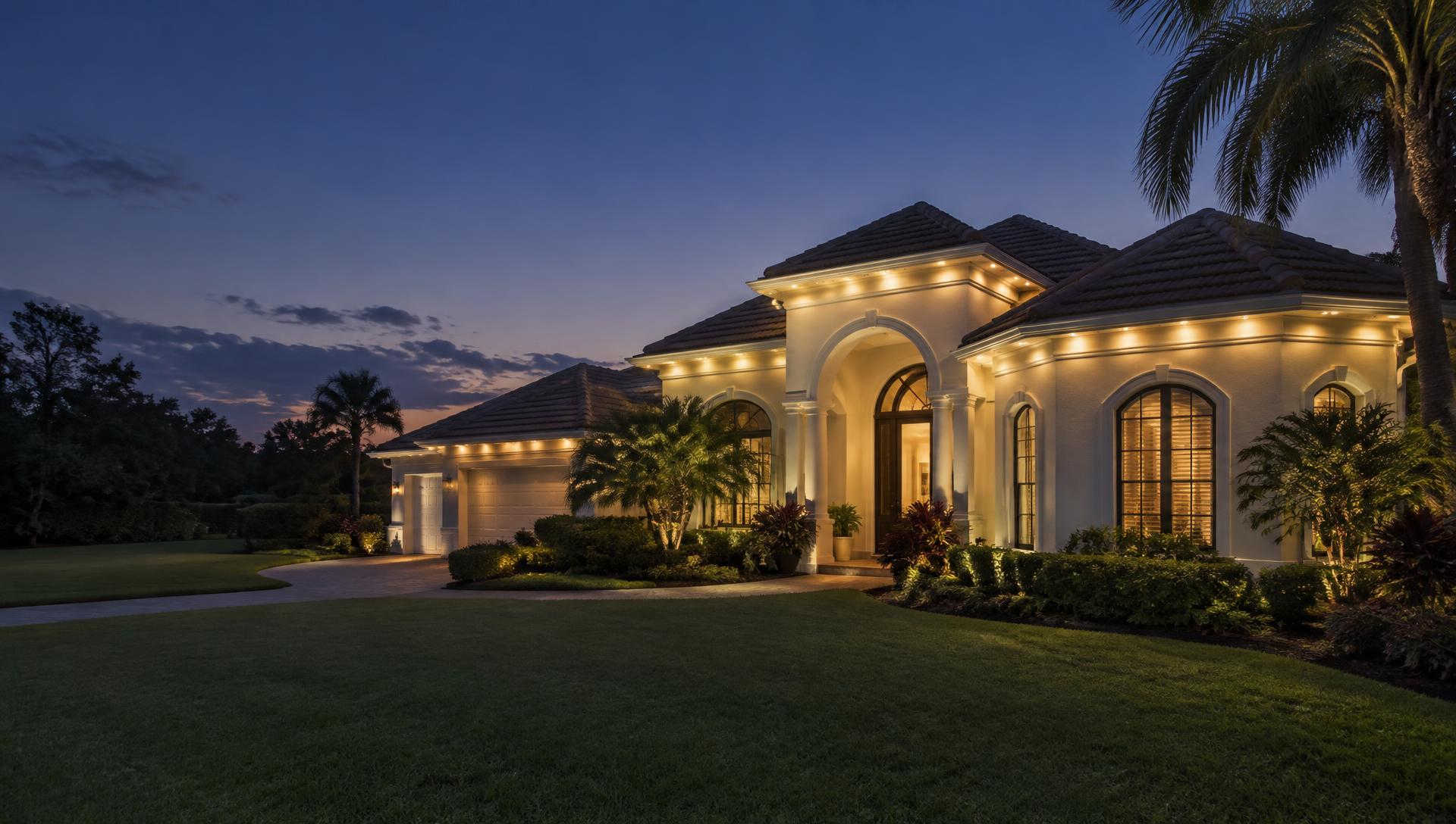 Illustrative Florida home with warm-white lighting along its roofline at dusk